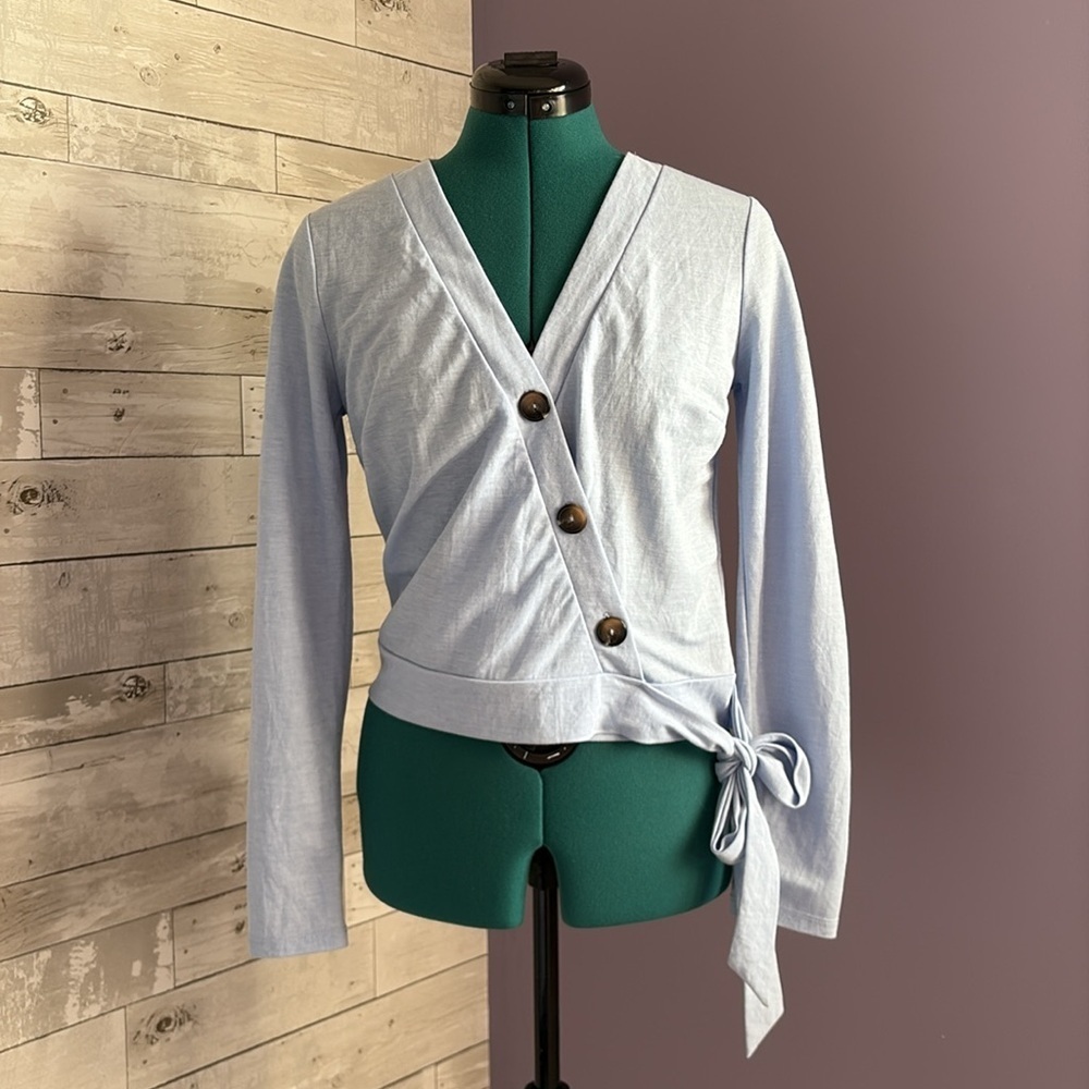 DYNAMITE Blue V-Neck Faux Wrap Top - Picture 6 of 8